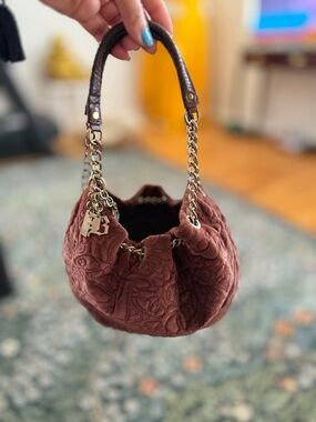 BCBG Quilted Floral Suede Shoulder Bag - Rust Brown